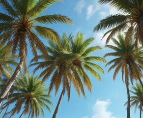 Palm trees swaying in the wind with their fronds stretching towards the blue sky, wind, palm trees, palm grove
