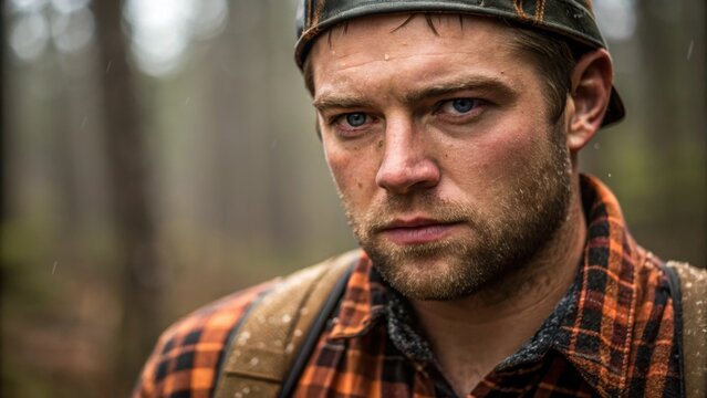 A closeup captures the loggers determined gaze hints of sweat on his brow and the texture of the flannel fabric illustrating his commitment to the demanding challenges of the
