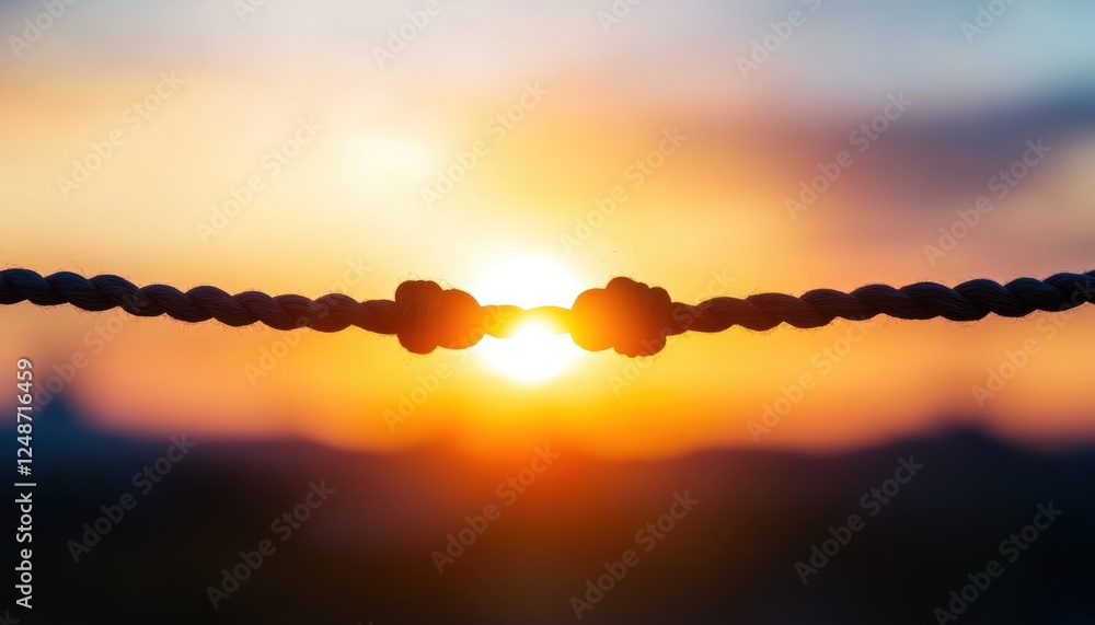 Poster a close-up view of a rope tying two ends together against a beautiful sunset, symbolizing connection