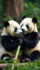 Obraz premium Two pandas munching bamboo together, Chengdu Zoo , cute, black and white, fauna