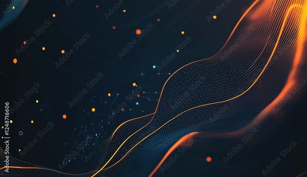 Poster abstract orange and blue digital waveforms flowing dynamically across dark background