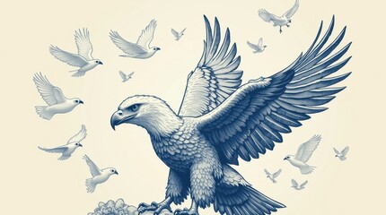 Fototapeta premium Majestic Eagle Print with White Birds