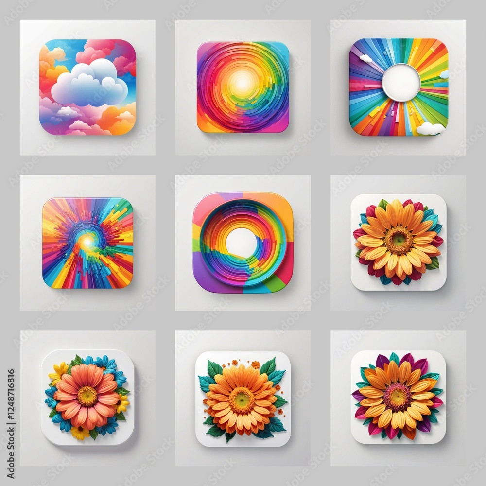 Poster colorful collection of icons featuring abstract designs and flowers. suitable for app, game, or web 