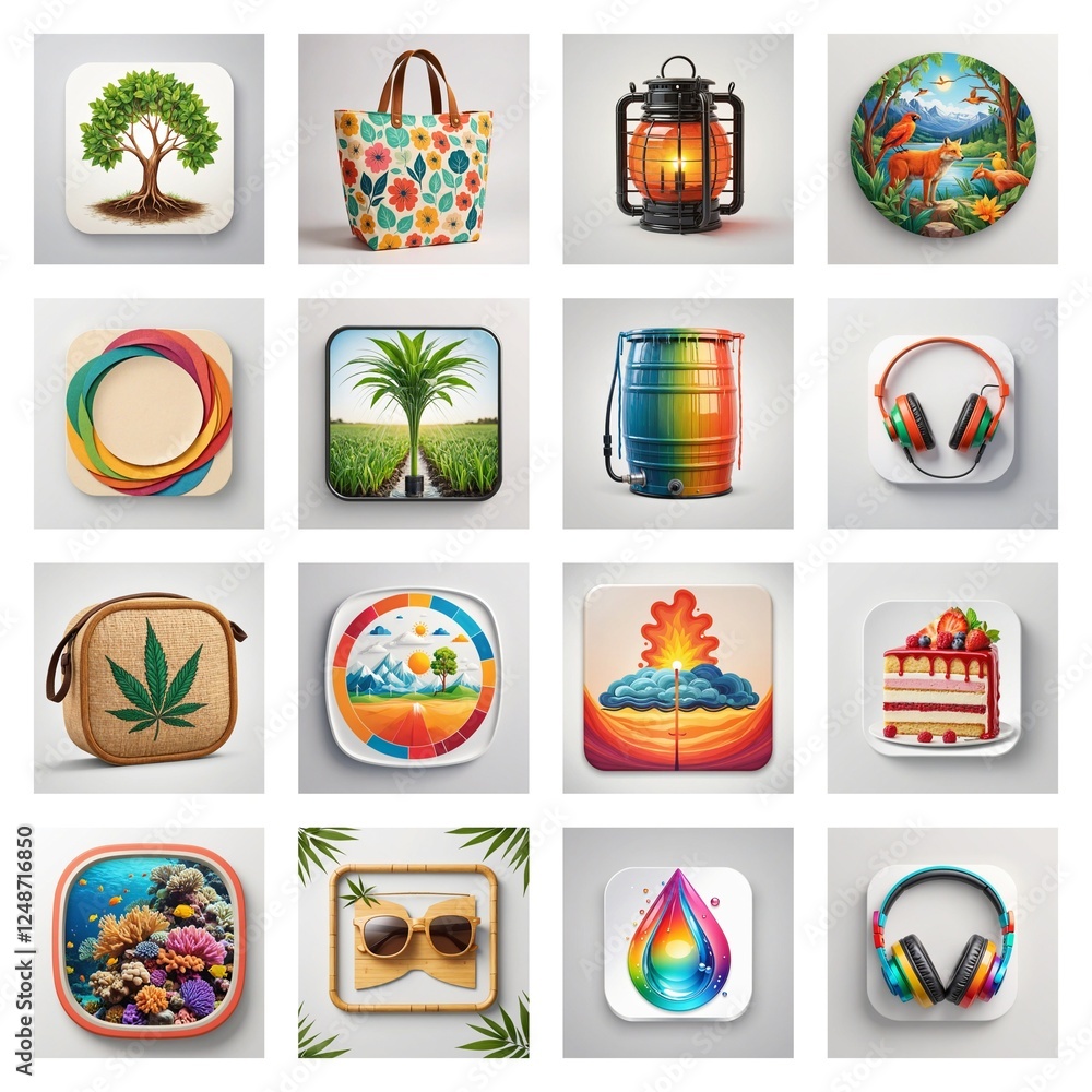 Poster a diverse collection of app icons for web or game design. each icon features unique, colorful, and c