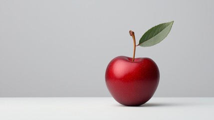 A shiny red apple with a green leaf sits on a minimalistic white surface against a soft, light background.