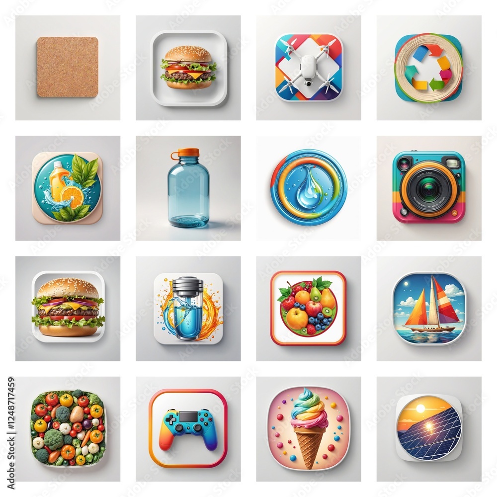 Fototapete A diverse collection of app icons for web and game design. This icon design set offers a variety of application icons for user interfaces.