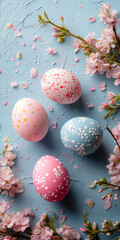 Fototapeta premium Beautiful blue background with eggs and cherry tree blooming twigs. Easter concept.