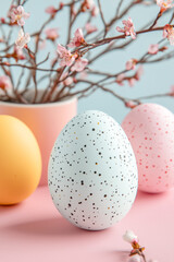 Fototapeta premium Beautiful background with eggs and cherry tree blooming twigs. Easter concept.