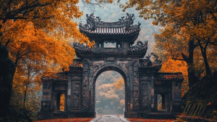 Fototapeta premium Ancient stone gate with detailed carvings framed by lush greenery, inviting exploration into a forgotten world.