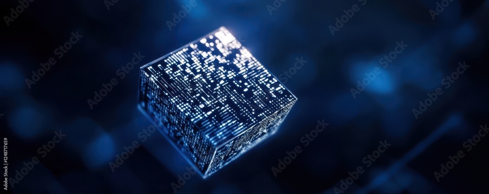 Poster a futuristic 3d cube with intricate patterns, illuminated in a vibrant blue light, representing adva