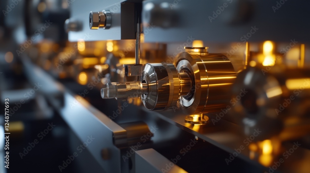 Poster close up of a sophisticated mechanical system, highlighting intricate components and glowing lights,