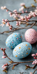 Obraz premium Beautiful grey background with eggs and cherry tree blooming twigs. Easter concept.