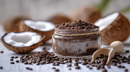 Natural exfoliating scrub with coffee grounds in glass jar, surrounded by coconut shells and coffee beans, creating refreshing and earthy atmosphere
