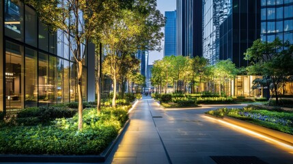 Fototapeta premium A modern business district with innovative office buildings, green outdoor spaces, and a relaxing atmosphere for professionals.