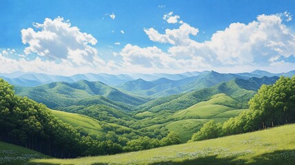 Obraz premium Sunny mountain vista, rolling hills, green landscape, blue sky, clouds