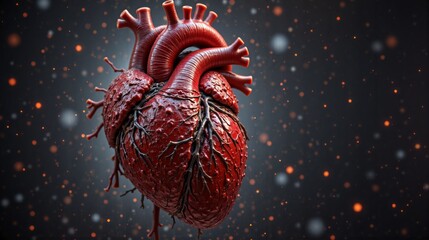 Detailed heart anatomy model with vibrant colors against a dark starry background