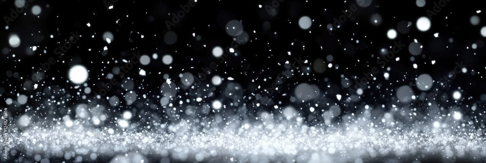 Poster snowflakes gently falling on a black background with bokeh effect creating a magical winter atmosphe