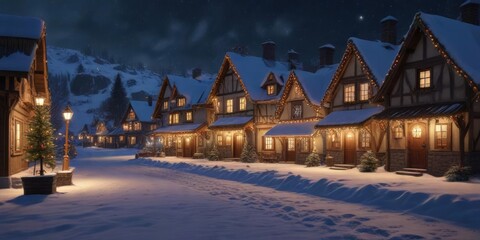 Fototapeta premium Snowy village with Christmas lights and decorations, holiday decorations, festive lights, festive window displays
