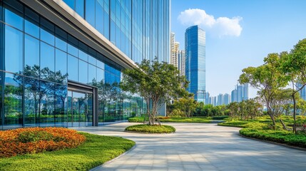 A modern high-rise office building featuring large glass windows, a landscaped plaza, and a vibrant urban skyline.