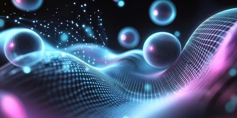 Abstract Digital Waveform: Glowing Spheres and Neon Grid in Cyberspace
