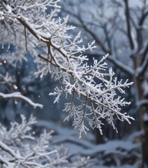 Snowflakes gently falling on a bare tree branch, snowflakes, frosty morning