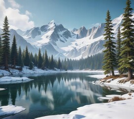 snow-capped mountain range with evergreen trees and a frozen lake, evergreen forest, frosty peaks