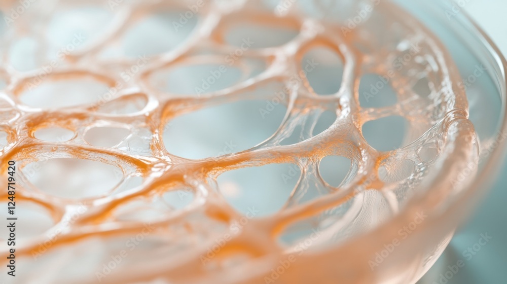 Aufkleber close up view of a complex, translucent gelatinous network in a petri dish, showcasing the delicate,