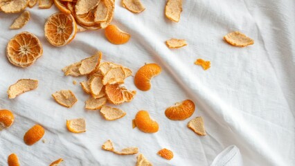 Small dried orange peels scattered across a white linen surface in a loose, organic pattern, oranges, fruit, textiles, country style, interior design