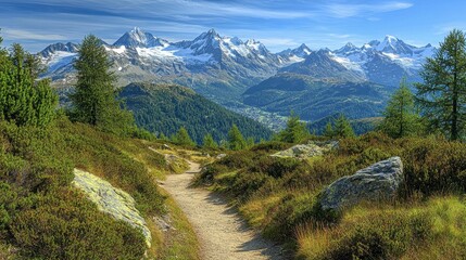 Fototapeta premium A mountain trail in the Italian Alps, winding through forested terrain with stunning views of snow-covered peaks.