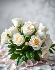 Decoration artificial white roses flower bouquet as a floral wallpaper with soft focus and copy space. White rose and orchid petals background for valentines day or wedding ceremony, enhance. with w