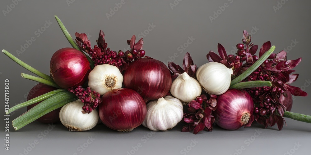 Poster fresh produce arranged on a table with multiple onions and garlic cloves