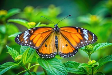 Fototapeta premium Mumbai's Ramsar site: a striking Plain Tiger butterfly, captured in macro detail using the rule of thirds. Wildlife photography from India.