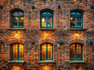 Fototapeta premium Mystical windows pierce a surreal brick wall, an eerie architectural fantasy.