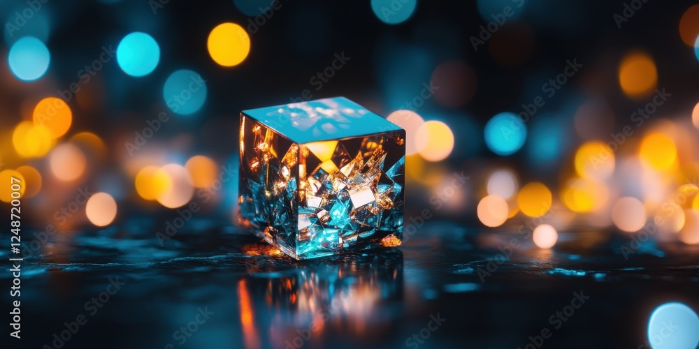 Poster a reflective cube adorned with vibrant lights, creating a mesmerizing bokeh effect, perfect for arti