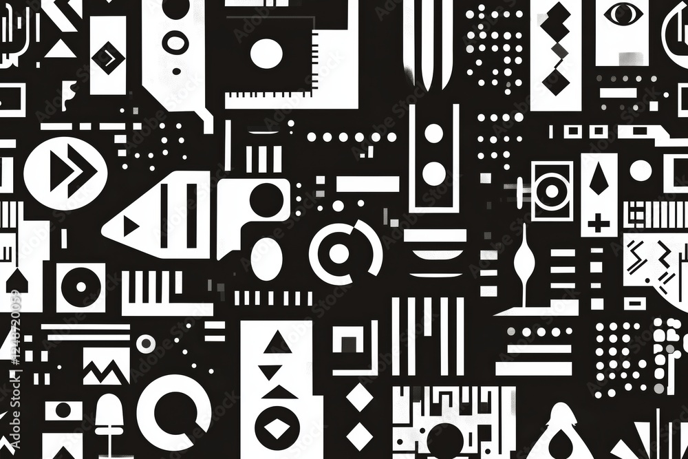 Poster modern abstract design featuring contrasting black and white shapes with geometric patterns and symb