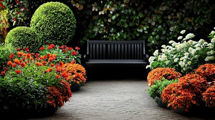 Obraz premium Serene garden bench, flowers, stone path, tranquility, peaceful retreat