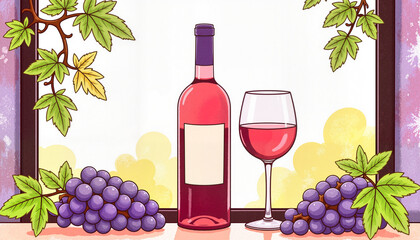 Wine bottle and grapes in cozy indoor setting by the window, tranquility