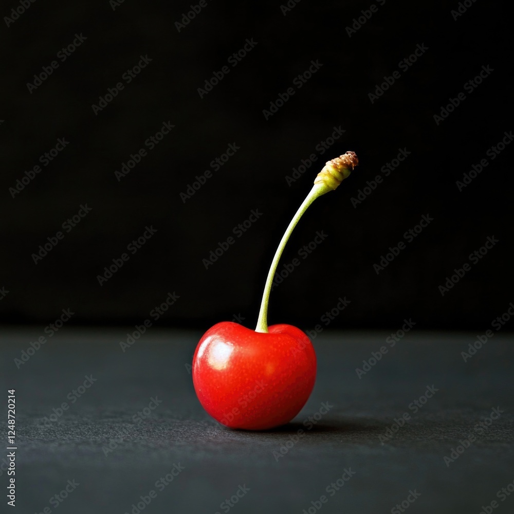 Poster a single cherry sits on top of a table with a simple, white background