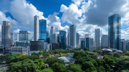 Fototapeta premium A panoramic view of a bustling corporate business district with elegant office structures and lush outdoor spaces.