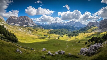 A panoramic view of the Italian Alps with rugged peaks and valleys, showcasing the natural beauty of the region.