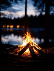 A serene campfire beside a peaceful lake, radiating warmth and light against a tranquil evening backdrop.