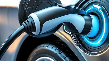 Closeup EV charger handle plugged in or connect to electric car, recharging EV car battery with alternative and sustainable energy with zero CO2 emission for clean environment. Perpetual