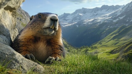 A ground squirrel sits on top of a lush green hillside, surrounded by nature