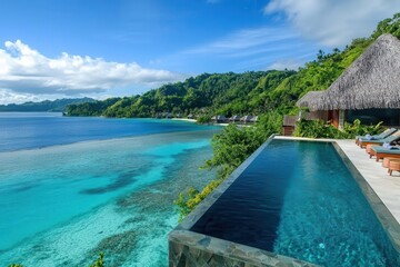 Fototapeta premium infinity pool overlooking turquoise ocean, luxury overwater bungalows, drone perspective, paradise setting