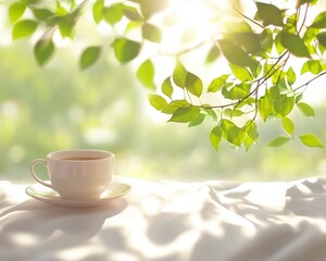 A serene scene featuring a white cup of tea surrounded by lush green leaves, capturing calmness and tranquility in nature.