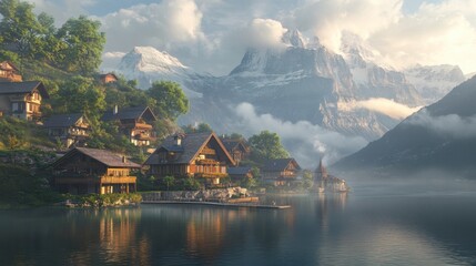Fototapeta premium A peaceful early morning scene of the serene lake of Oeschinen in the Swiss Alps, surrounded by dramatic mountains.