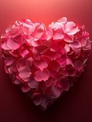 Obraz premium Heart shape meticulously crafted from delicate pink and rose-colored petals, set against a subtly shaded red backdrop..