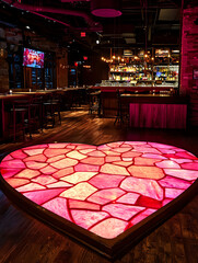 A romantic bar featuring a large heart-shaped, stained-glass floor illuminated in vibrant pink light..