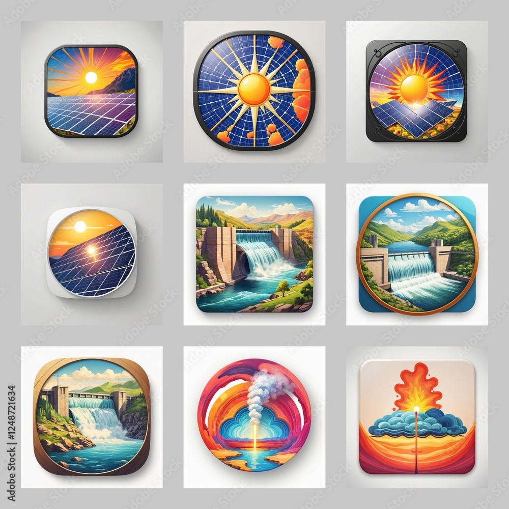 Poster A collection of app icons for game or web design.  Depicting renewable energy sources like solar panels and hydroelectric dams in a clean, modern style.