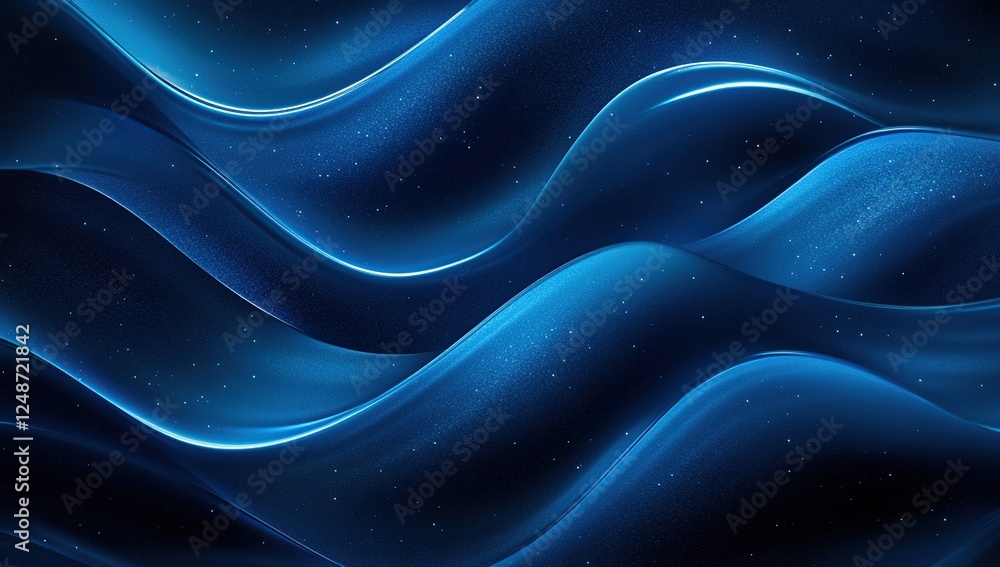 Poster abstract blue waves flowing dynamically across screen, glowing with shimmering sparkle, creating a s
